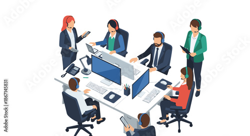 Isometric illustration of a call center team working together at a shared workstation