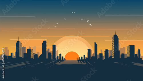 Vibrant Cityscape Sunrise Vector Illustration with Birds Silhouetted Against the Sun's Glow