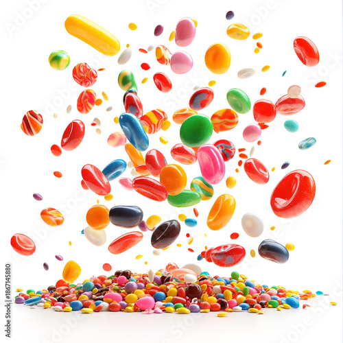 Colorful Pills and Capsules Falling on White Background