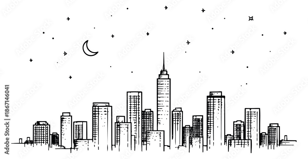 Fototapeta premium Hand drawn line art illustration of a cityscape skyline depicting night with moon and stars for city life and urban design concepts