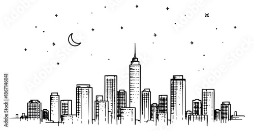 Hand drawn line art illustration of a cityscape skyline depicting night with moon and stars for city life and urban design concepts