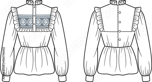 Cad drawing flat vector illustration, women’s blouse front and back view, fashion technical sketch, lace panel, peplum waist design