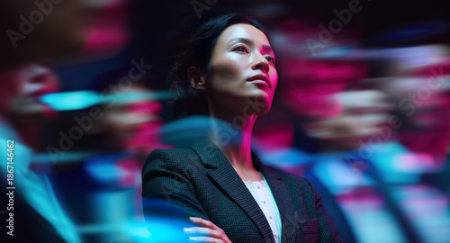 Asian female corporate manager against moving team with bold magenta blue motion