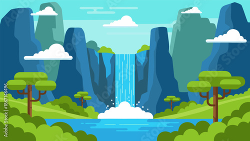 Beautiful Landscape Waterfall Vector Illustration for Nature and Travel