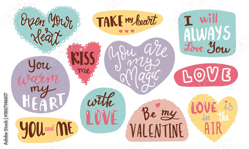 Hand drawn lettering set with romantic phrases about love. Vector inscriptions collection on white background. Set of speech bubbles with compliment phrases .
