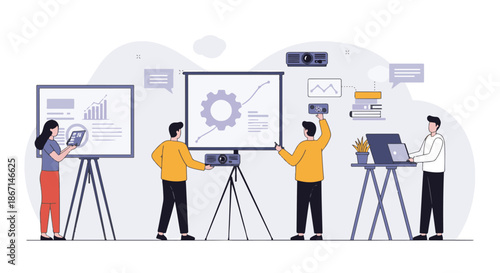 Illustration of people working together on a presentation with projectors and screens in an office.