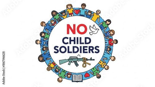 No child soldiers illustration diverse group of people surrounding a message of peace and disarmament concept of human rights and protection