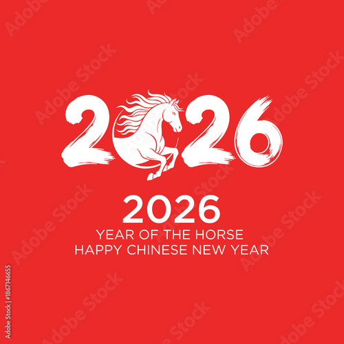 Celebrate the 2026 Chinese New Year, the Year of the Horse! Festive vector illustration with brush stroke numbers and a majestic horse on a vibrant red background