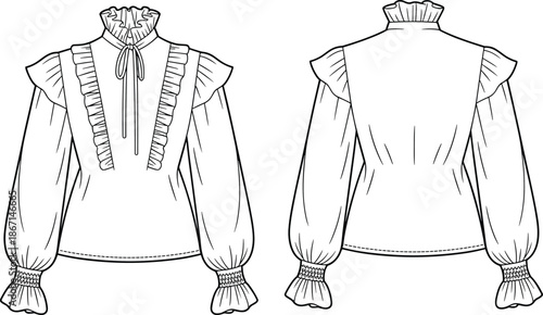 Cad drawing flat vector illustration, women’s blouse front and back view, fashion technical sketch, ruffle neckline, puff sleeve design