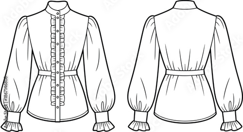 Cad drawing flat vector illustration, women’s blouse front and back view, fashion technical sketch, ruffle placket, belted waist design