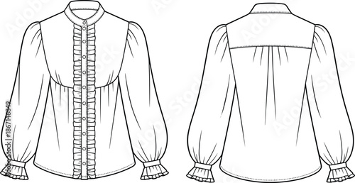 Cad drawing flat vector illustration, women’s blouse front and back view, fashion technical sketch, ruffle placket, puff sleeve design