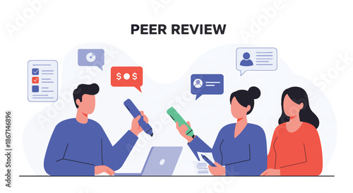 Illustration of peer review process with people exchanging ideas and providing feedback