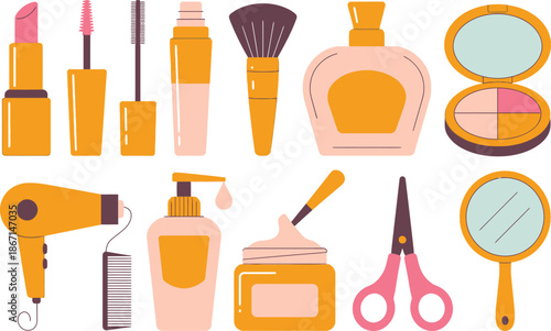 Collection of various beauty and makeup products and tools on a white background