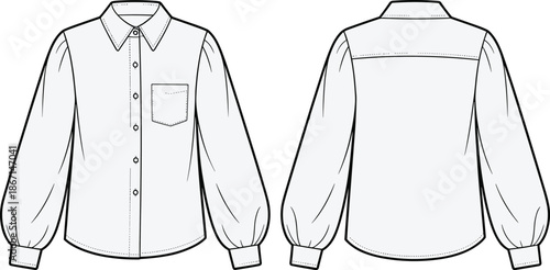 Cad drawing flat vector illustration, women’s shirt front and back view, fashion technical sketch, chest pocket, gathered sleeve design