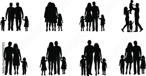 Happy Family Silhouette Vector Collection Featuring Parents and Children Holding Hands, Walking, and Playing Together for Love and Togetherness Graphic Design