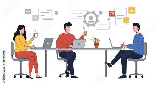Illustration of diverse people working together at a table with laptops and coffee cups