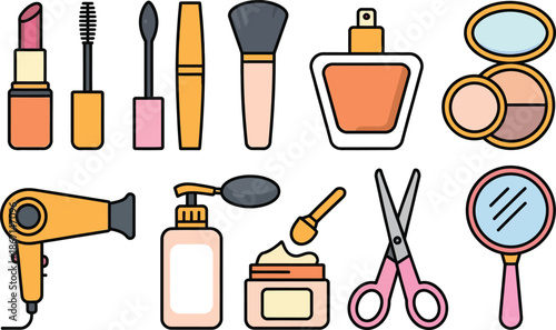 Collection of various beauty and makeup products and tools on white background