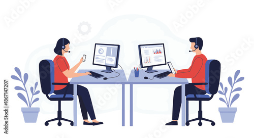 Illustration of customer service representatives working at their desks with computers and headsets