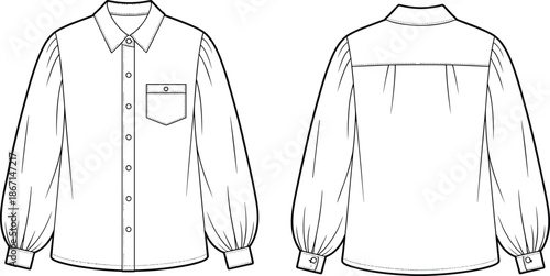 Cad drawing flat vector illustration, women’s shirt front and back view, fashion technical sketch, flap pocket, gathered back design