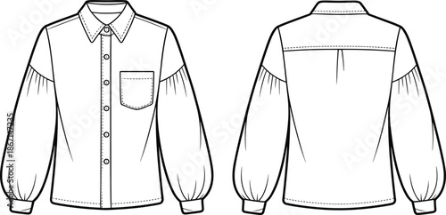 Cad drawing flat vector illustration, women’s shirt front and back view, fashion technical sketch, puff sleeve, chest pocket design