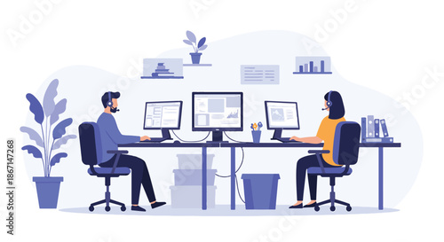 Illustration of customer service representatives working at their desks in an office environment