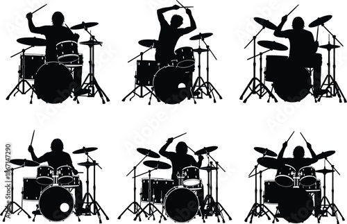 "Drummer Silhouette Mid-Strike with Raised Sticks"