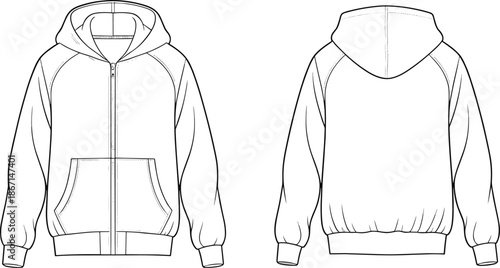 Cad drawing flat vector illustration, zip-up hoodie sketch, raglan sleeve sweatshirt design, fashio