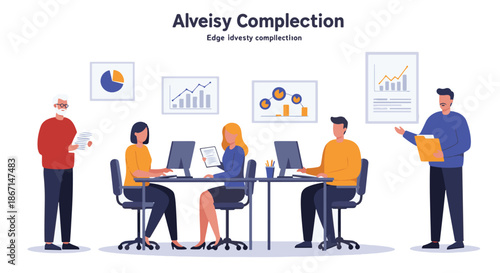 Illustration of an office meeting with people discussing graphs and charts on the wall