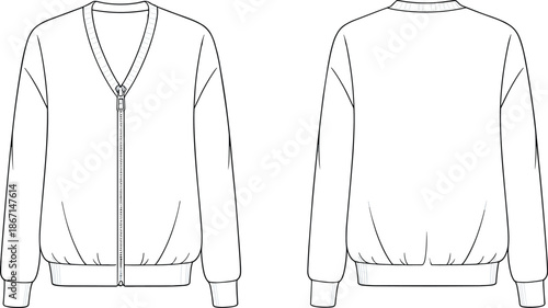 Cardigan fashion design, technical flat sketch, vector illustration, zip up jacket, ribbed cuffs, waistband, V neck, relaxed fit CAD drawing