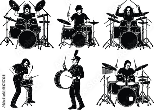 Drummer Silhouette with Upright Stance and Cymbal Reach
