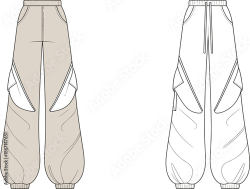 Cargo pants front view technical sketch, beige color with flap pockets, fashion flat drawing, apparel vector design template for menswear
