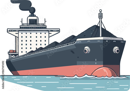 Flat Cartoon Coal Bulk Carrier Ship with Loaded Black Coal Cargo on Deck Emitting Smoke from Funnel, Dark Hull Red Bottom Blue Sea Waves Vector Illustration