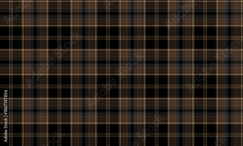 Seamless plaid fabric in warm tones of black, brown, and beige, perfect for fashion design, skirts, trousers, and clothing to create a luxurious and modern look.