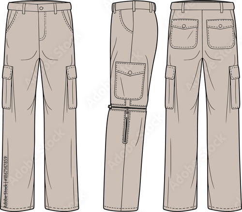Cargo pants front, side, back view, beige color, flap pockets, zipper detail, fashion flat sketch, apparel vector template