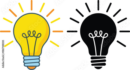 Light bulb idea illustration set, yellow glowing lamp and black silhouette icon, creativity innovation concept vector design