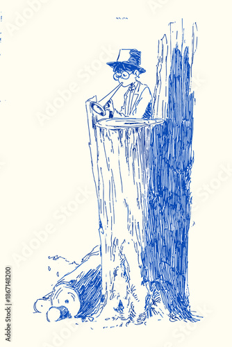 Whimsical Forest Creature Peeking from Tree Hollow