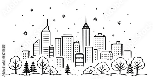 Hand drawn line art illustration of a city and park depicting an urban winter scene for seasonal designs