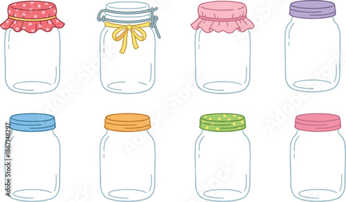 Cute empty glass jar illustration set, pastel mason jars with lids, kitchen storage containers, hand drawn vector collection
