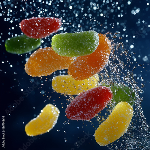 Colorful Sugar Coated Gummies Flying in Mid Air on Dark Background