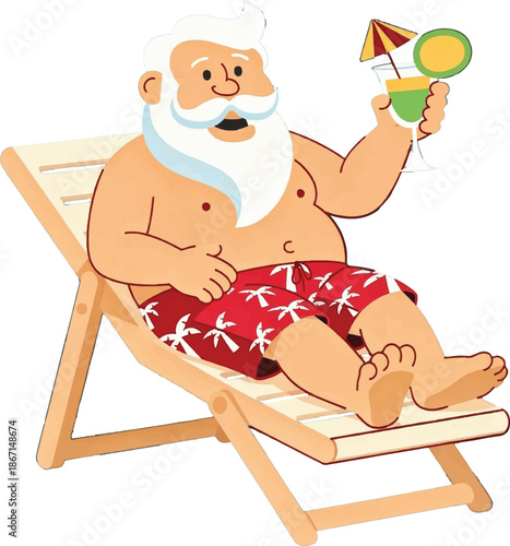 Santa's Tropical Getaway: Santa, embracing the spirit of leisure, relaxes on a wooden chair, holding a refreshing beverage in a tropical setting. A delightful blend of holiday cheer and summer vibes!