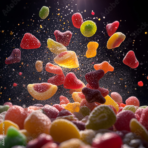 Colorful Gummies Flying in Mid-Air against Dark Background, Isolated Candy, Close-up Shot