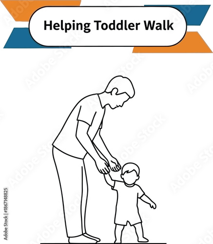 Black outline Vector of a father helping a toddler take first steps