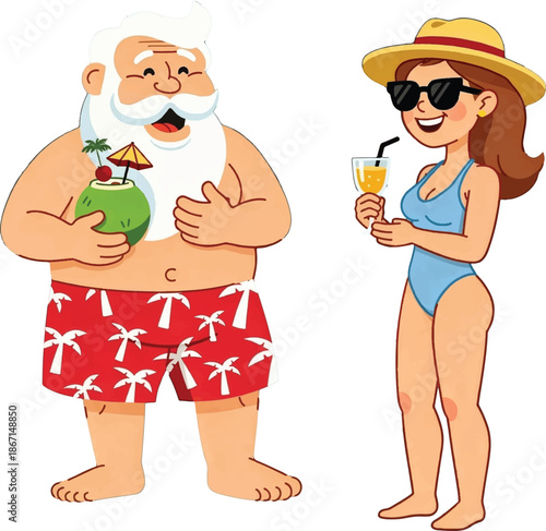 Beachside Bliss: A summery scene unfolds with a cheerful gentleman and a stylish woman enjoying refreshing tropical drinks, embodying relaxation and the spirit of vacation.