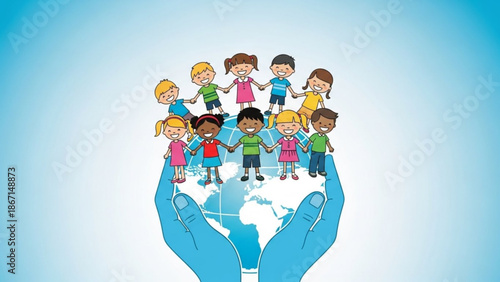 Diverse children holding hands around the globe symbolizing global unity and childhood held by caring hands on a blue gradient background