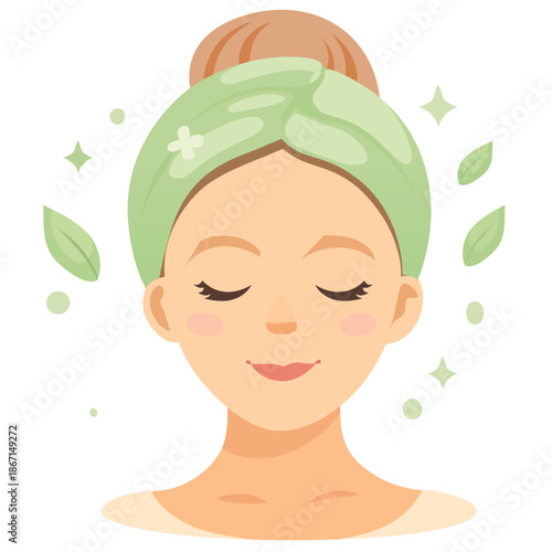 woman with towel on head using skincare routine, mask, glowing, morning routine on white background