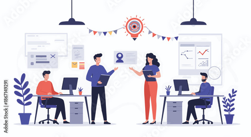 Illustration of a modern office environment with people collaborating on a project together