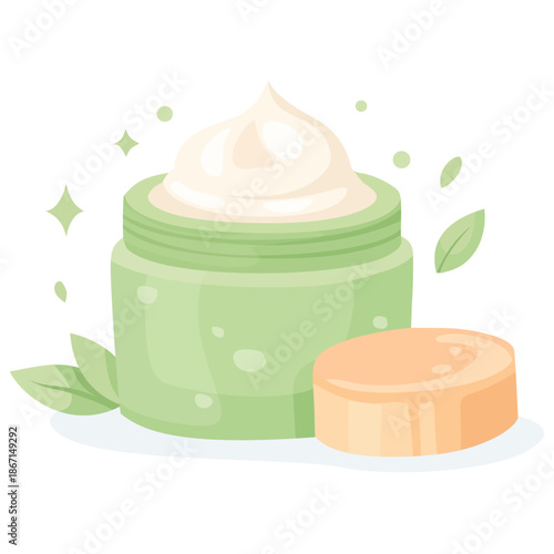 Facial skin care cream with green cup. Healthy living women's morning routine