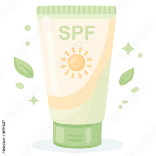 illustration of a tube of soft green Sunscreen with herb theme on white background. Holiday prepare for skin health


