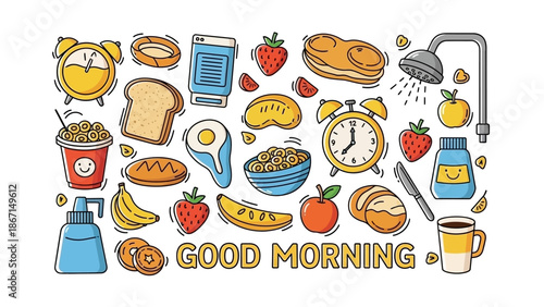 Collection of Breakfast Food and Morning Items Doodle Art.