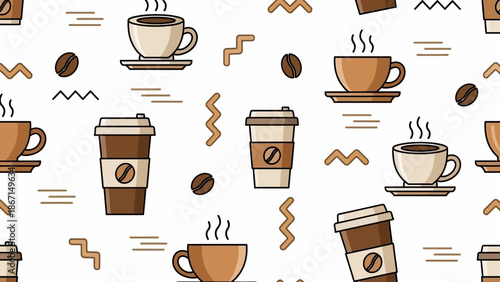 Seamless pattern of coffee cups and beans with abstract shapes.